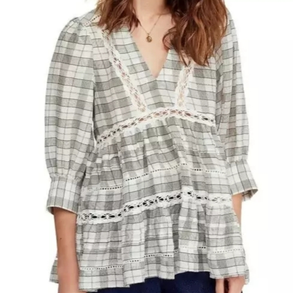 Free People Time Out Plaid Lace‎ Trim Top
